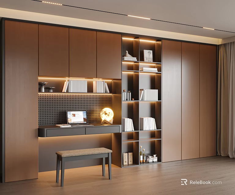 Modern Wooden Bookcase with Built in Lighting Desk Stool Decorative Items and Books 3d model 