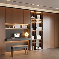 Modern Wooden Bookcase with Built in Lighting Desk Stool Decorative Items and Books