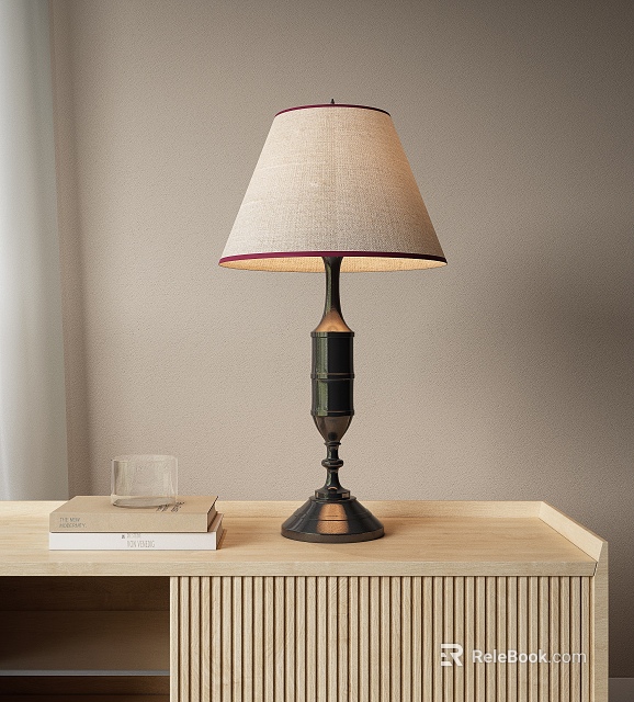 Stylish Table Lamp On Wooden Tabletop With Stack Of Books And Clear Glass Cup 3d model 