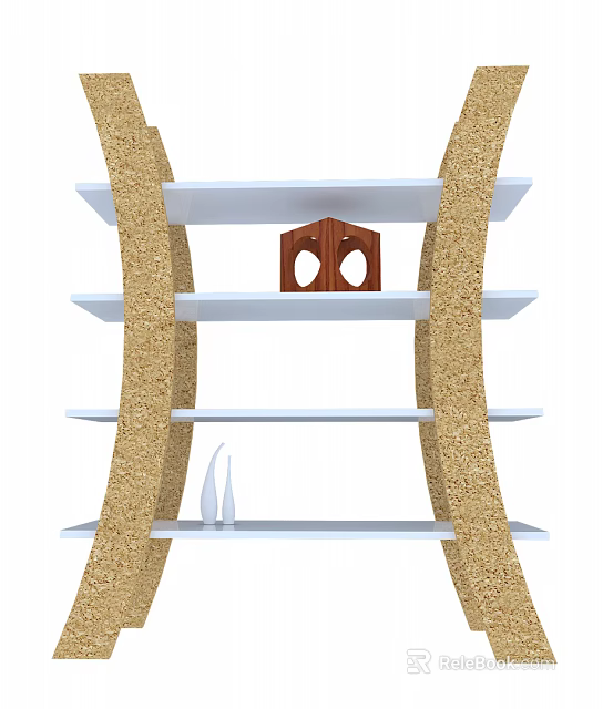 Modern Wooden Bookcase With Open White Shelves And Decorative Elements Design 3d model 