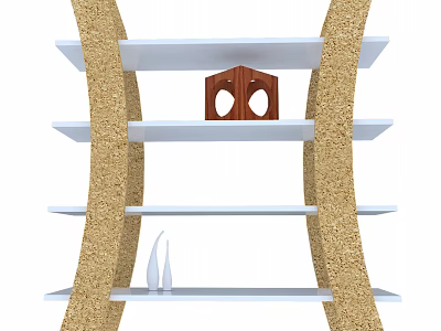 Modern Wooden Bookcase With Open White Shelves And Decorative Elements Design 3d model