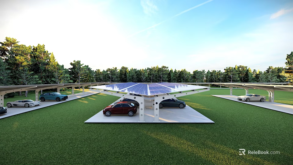 Solar Carport Structure With Solar Panels Covering Parked Cars On Green Lawn and Trees 3d model 