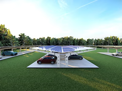 Solar Carport Structure With Solar Panels Covering Parked Cars On Green Lawn and Trees 3d model