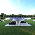 Solar Carport Structure With Solar Panels Covering Parked Cars On Green Lawn and Trees