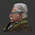 An Elderly Man With White Hair Glasses Mustache Wearing Brown Coat Green Scarf Light Shirt