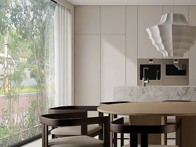 Modern Restaurant Interior Design With Large Windows Green Tree View Light Cabinets And Marble Countertop 3d model