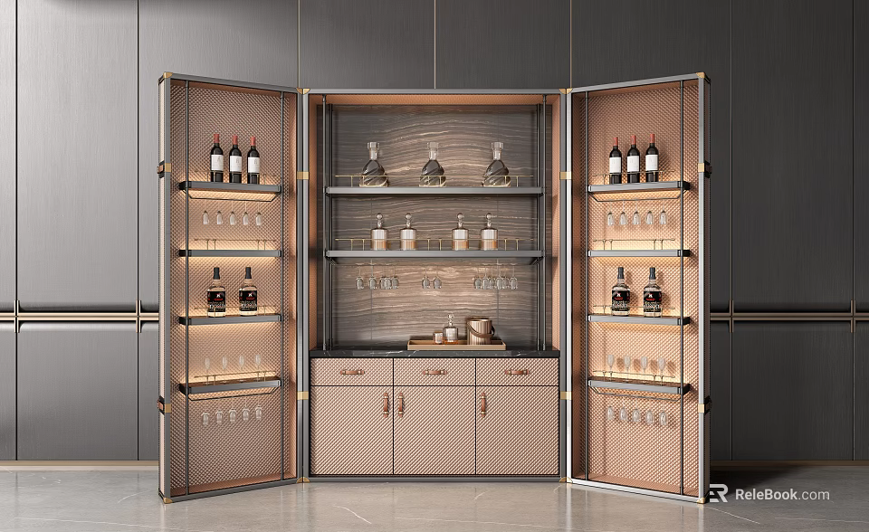 Elegant Modern Wine Cabinet With Double Doors Glass Shelves And Wine Bottles 3d model 