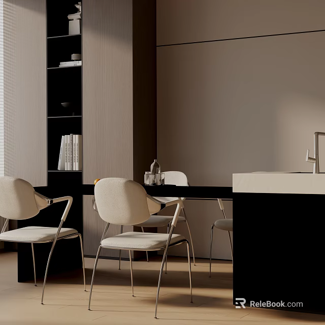 Modern Dining Table Set With Beige Chairs Black Tabletop And Wooden Shelves In Open Space 3d model 
