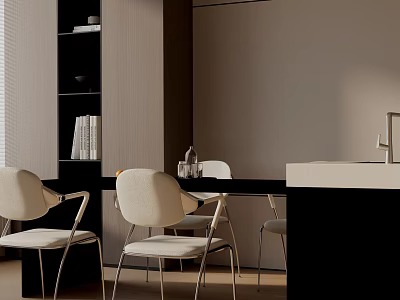 Modern Dining Table Set With Beige Chairs Black Tabletop And Wooden Shelves In Open Space 3d model