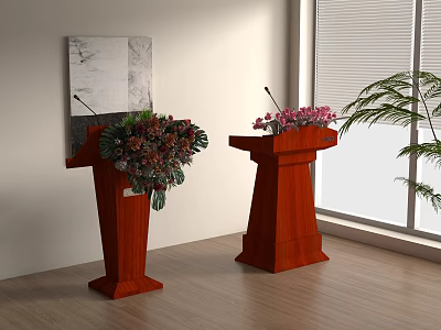 Wooden Podiums With Decorative Flowers Near Window And Wall Painting 3d model