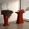 Wooden Podiums With Decorative Flowers Near Window And Wall Painting
