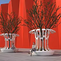 Modern White Landscape Seats Design With Trees Against Red Background Wall 3d model