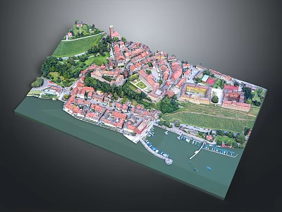 Aerial View of Charming Town With Red Rooftops Green Meadows and Waterfront Moored Boats 3d model