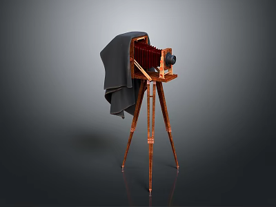 Vintage Electronic Camera Design With Wooden Tripod And Cloth Cover 3d model