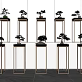Golden Metal Plant Stands With Bonsai Plants In Modern Interior Design