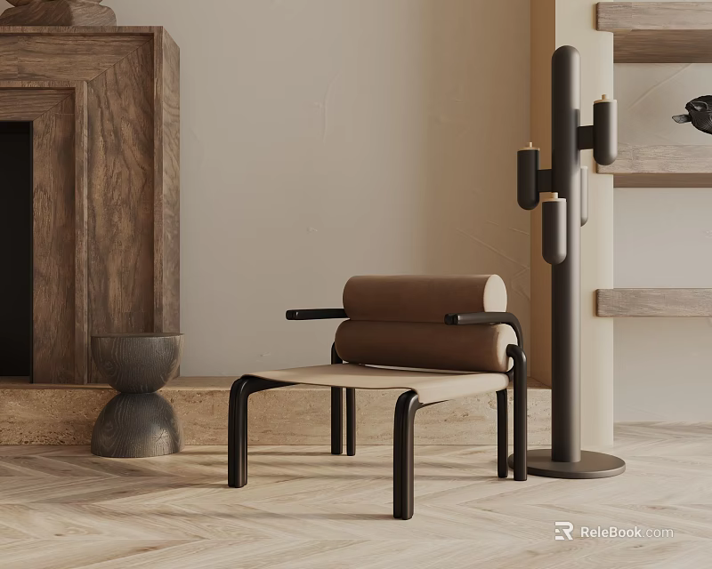 Stylish Leisure Chair With Wooden Fireplace Gray Vase Cactus Shaped Floor Lamp And Herringbone Floor 3d model 