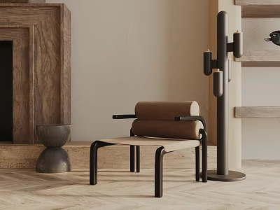 Stylish Leisure Chair With Wooden Fireplace Gray Vase Cactus Shaped Floor Lamp And Herringbone Floor 3d model