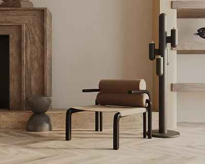 Stylish Leisure Chair With Wooden Fireplace Gray Vase Cactus Shaped Floor Lamp And Herringbone Floor 3d model