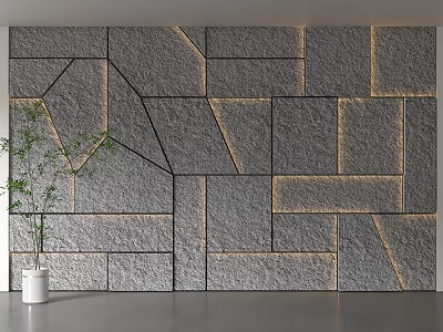 Gray Stone Background Wall Featuring Geometric Design Golden Light Strips White Vase And Green Plants 3d model