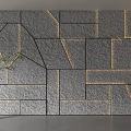 Gray Stone Background Wall Featuring Geometric Design Golden Light Strips White Vase And Green Plants