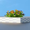 Decorative Square Stone Garden Ornament With Colorful Pansies And Striped Sides