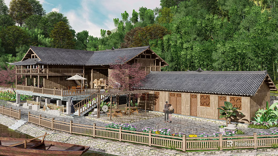 Traditional Wooden House With Tile Roof Surrounded by Lush Green Trees Courtyard And Flower Beds 3d model 