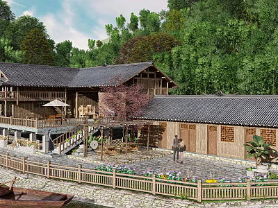 Traditional Wooden House With Tile Roof Surrounded by Lush Green Trees Courtyard And Flower Beds 3d model