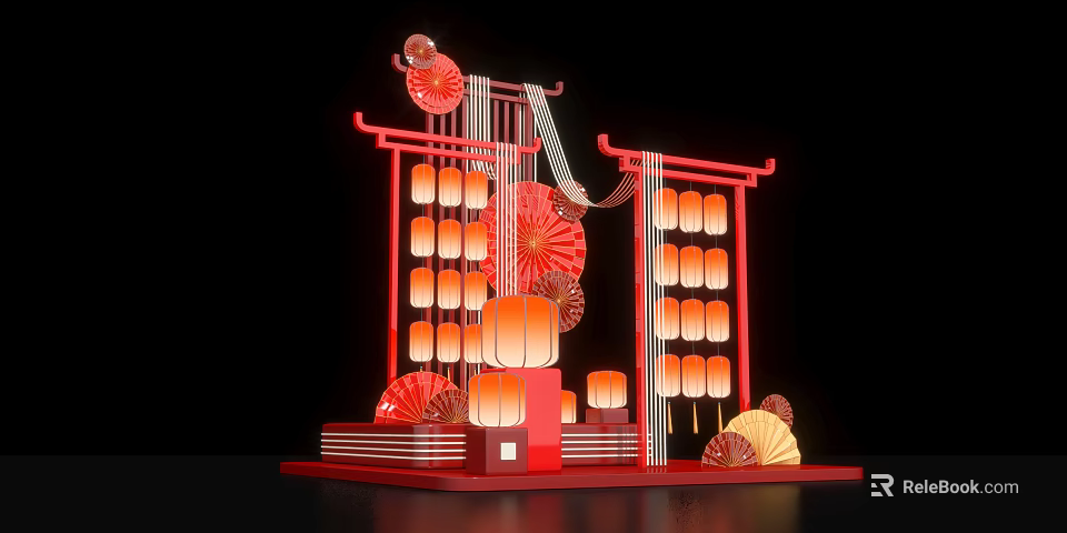Festive Chinese New Year Decorations Featuring Red Frame Lanterns And Fans 3d model 