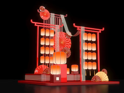 Festive Chinese New Year Decorations Featuring Red Frame Lanterns And Fans 3d model