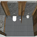 Modern Chinese Public Restroom With Marble Walls Wooden Screen Round Mirror Sink And Toilet