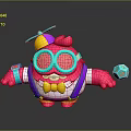 Colorful Pink Creature Cartoon Character Wearing Large Glasses Propeller Hat And Holding Blue Dice