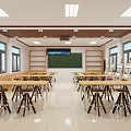 Bright Modern School Classroom Interior With Wooden Tables Bookshelves And Large Windows