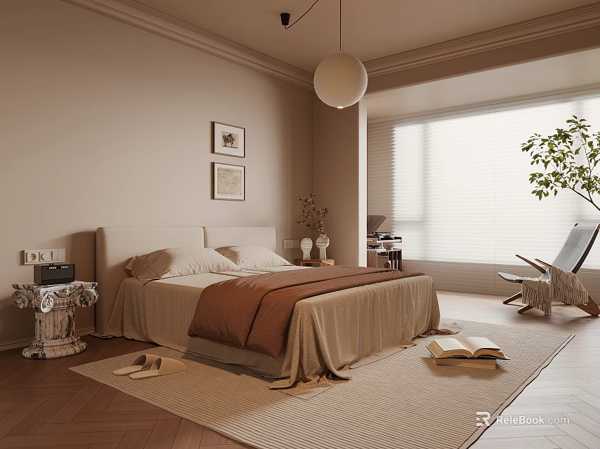 Cozy Modern Bedroom Interior Design With Bed Area Rug Armchair Window And Wall Art 3d model 