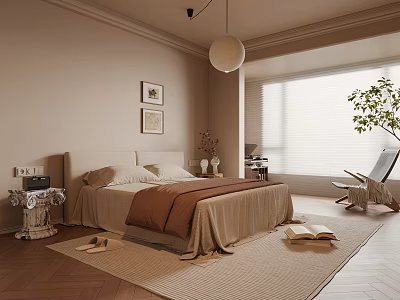 Cozy Modern Bedroom Interior Design With Bed Area Rug Armchair Window And Wall Art 3d model