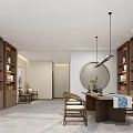 Traditional Chinese Tea Room Interior With Wooden Shelves Tea Sets Round Mirror And Green Plant