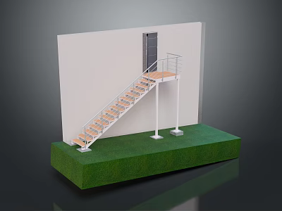 Decorative Staircase Model With White Structure Wooden Steps Green Base And Small Platform 3d model