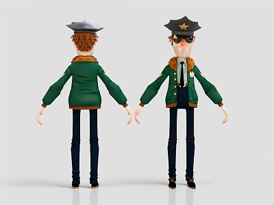 Two Cartoon Characters In Green Jackets With Hats And Police Badge Front Back Views 3d model