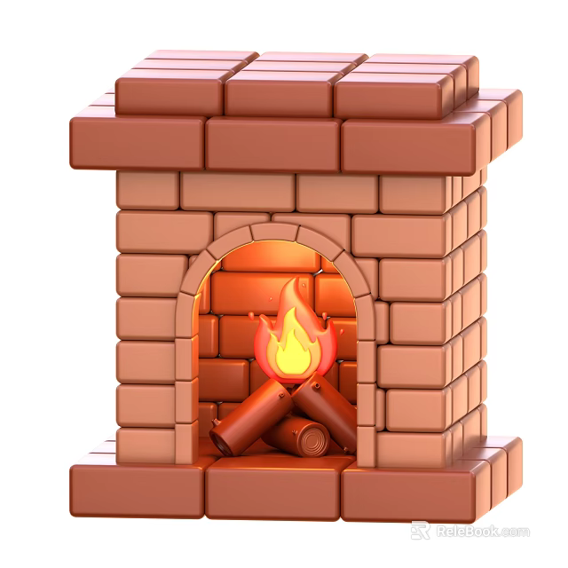 Industrial Equipment Brick Fireplace Featuring Burning Flames And Stacked Wood Logs 3d model 