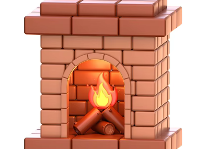 Industrial Equipment Brick Fireplace Featuring Burning Flames And Stacked Wood Logs 3d model