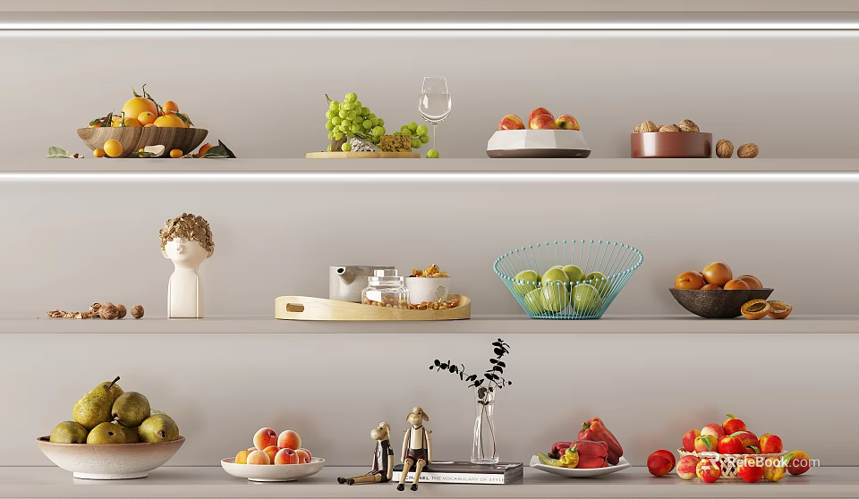 Fresh Various Fruits Arranged on Shelves with Decorative Bowls and Ornaments 3d model 