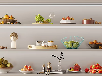 Fresh Various Fruits Arranged on Shelves with Decorative Bowls and Ornaments 3d model