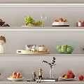 Fresh Various Fruits Arranged on Shelves with Decorative Bowls and Ornaments