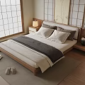 Japanese Style Double Bed with Shoji Window Wooden Headboard Nightstand and Table Lamp