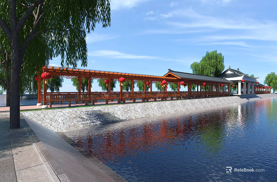 Traditional Chinese Garden Landscape With Wooden Corridor Red Lanterns Willow Trees And Waterfront Reflections 3d model 