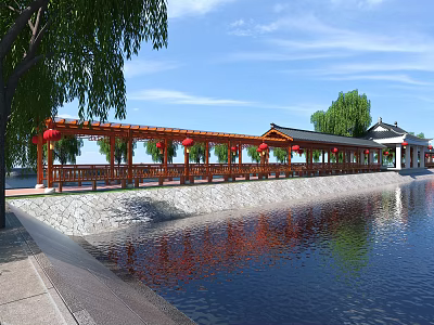 Traditional Chinese Garden Landscape With Wooden Corridor Red Lanterns Willow Trees And Waterfront Reflections 3d model