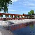 Traditional Chinese Garden Landscape With Wooden Corridor Red Lanterns Willow Trees And Waterfront Reflections