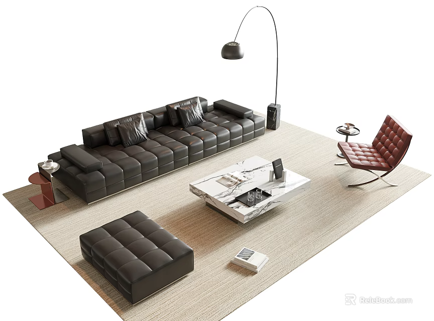 Black Leather Sofa and White Coffee Table Set With Red Chair Ottoman and Floor Lamp 3d model 
