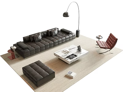 Black Leather Sofa and White Coffee Table Set With Red Chair Ottoman and Floor Lamp 3d model