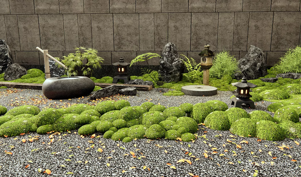 Tranquil Japanese Courtyard Garden With Lush Greenery Stone Lanterns Rock Features And Gravel Ground 3d model 