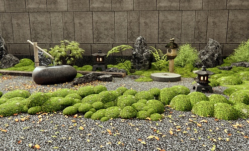 Japanese-style bryophytes Courtyard Landscape Landscaping Stone Water Pot Plant Pile Plant Combination 3d model